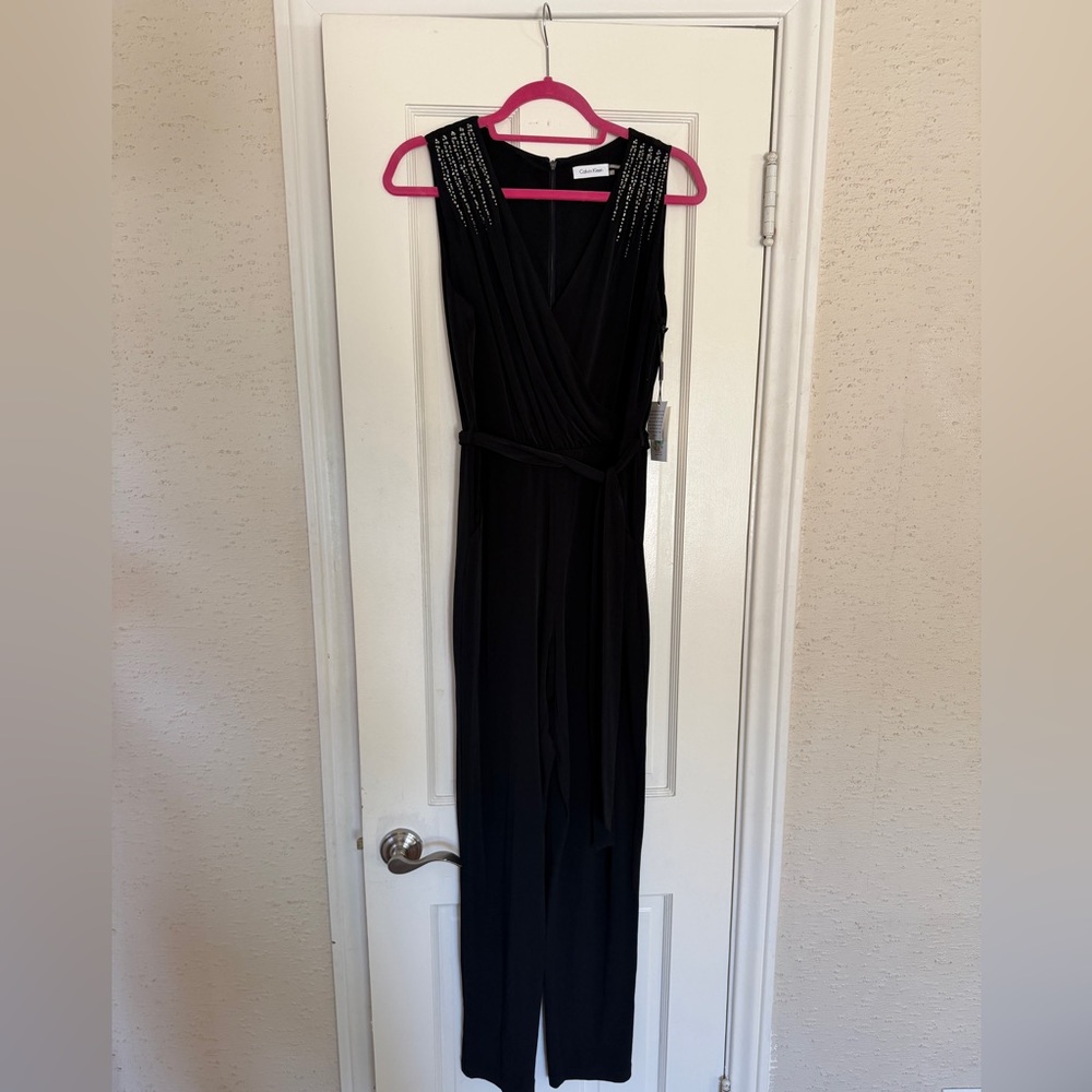 Calvin Klein Black Sleeveless Wrap Jumpsuit Embellished Shoulders NWT
